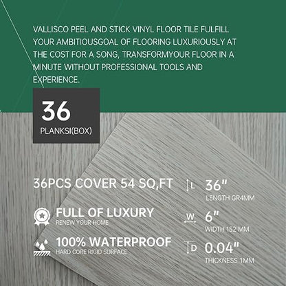 VallisCo Peel and Stick Vinyl Flooring, 36-Pack Covers 54 Sq. Ft, Waterproof Vinyl Flooring Peel and Stick, Durable and Stylish Floor for Kitchens, Bathrooms, and Living Spaces White Washed