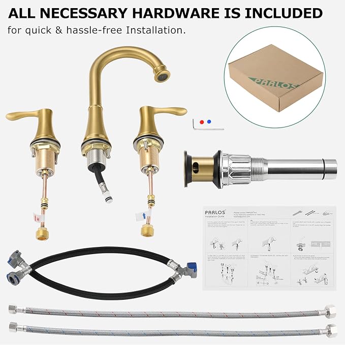 Brushed Gold Widespread Bathroom Sink Faucet 8 Inch for Vanity | with All Metal Pop Up Drain, High Arc 2 Handle Lead-Free Deck Mount Bathroom Faucet for 3 Hole Lavatory Utility Sink