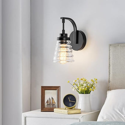 Modern Black Wall Sconce Light, 1-Light Bathroom Vanity Light with Clear Glass Shade for Mirror, Indoor Wall Mounted Fixture for Bedroom, Hallway, Entryway
