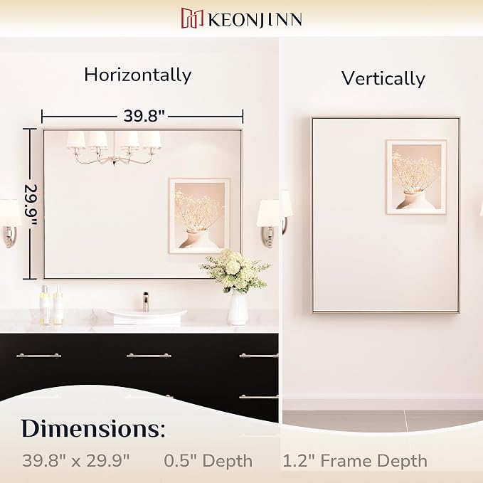 Keonjinn 40x30 Inch Brushed Nickel Bathroom Mirror for Over Sink, Rectangle | HD Tempered Glass, Vanity Mirror, Brushed Framed, Square Corner, Modern Farmhouse, Wall Mounted Mirrors, Aluminum Alloy