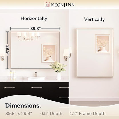 Keonjinn 40x30 Inch Brushed Nickel Bathroom Mirror for Over Sink, Rectangle | HD Tempered Glass, Vanity Mirror, Brushed Framed, Square Corner, Modern Farmhouse, Wall Mounted Mirrors, Aluminum Alloy