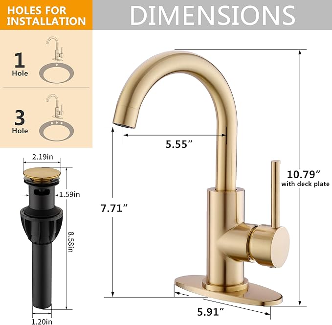 Gold Bathroom Faucets with Pop-Up Drain, Modern Single Hole Bathroom Sink Faucet with Deck Plate Single Handle Lavatory Faucets Brushed Gold Bar Vanity Faucet