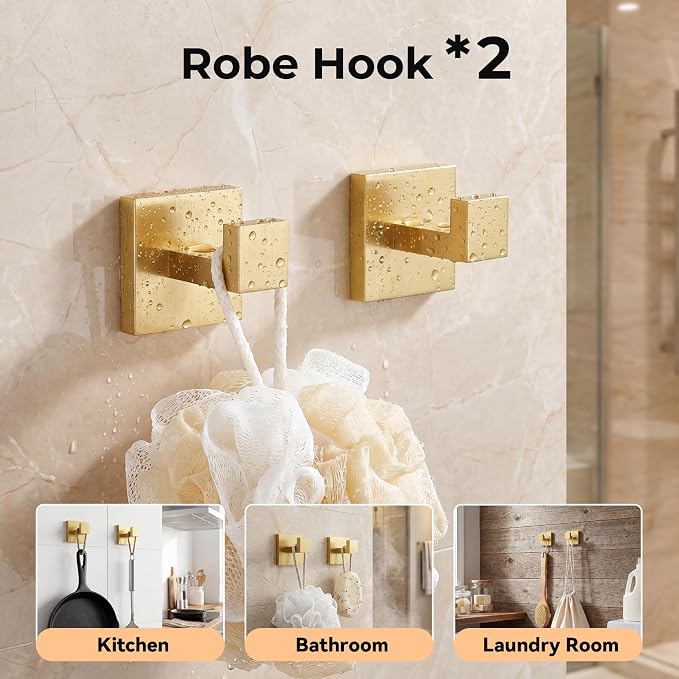5-Piece Bathroom Hardware Set, 23.6 Inch Towel Bar Set SUS304 Stainless Steel Towel Racks for Bathroom Round Towel Bar, Towel Ring, Toilet Paper Holder, 2 Robe Hooks, Wall Mounted (Brushed Gold)