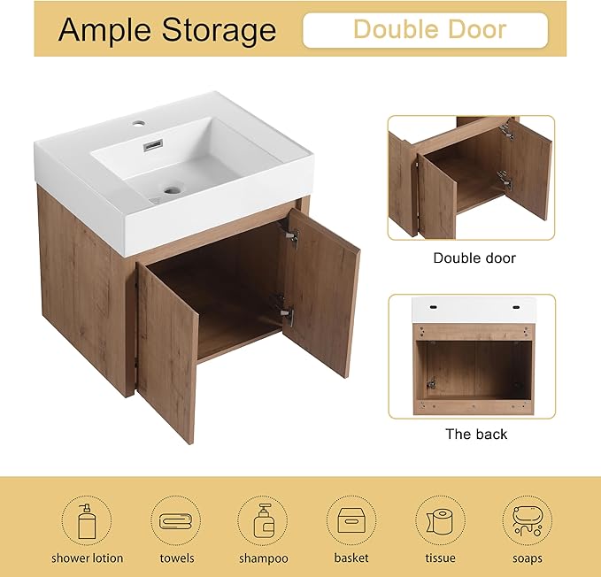Malwee 24 Inch Floating Bathroom Vanity with Sink, 24'' Single Sink Wall Mounted Bathroom Vanity, with 2 Doors and White Resin Basin Top, Wall Hung Storage Cabinet Set (035-24)