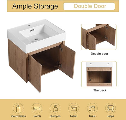 Malwee 24 Inch Floating Bathroom Vanity with Sink, 24'' Single Sink Wall Mounted Bathroom Vanity, with 2 Doors and White Resin Basin Top, Wall Hung Storage Cabinet Set (035-24)