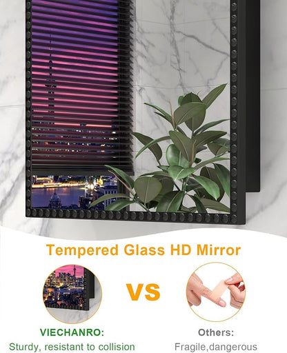 Black Medicine Cabinet for Bathroom, Surface Mount or Recessed Medicine Cabinets with Storage and Arched Mirror 20"x28" , All-Metal Daisy Decor Frame, Includes 2 Adjustable Shelves and 1 Organizer