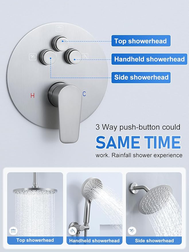 Woindo Shower Faucet Set 10" Rain Shower Head/8'' Side Shower Head and 3 Setting Handheld Ceiling Mount 3 Push Button Diverter Complete Rainfall Round Shower System Included Valve Trim Kit