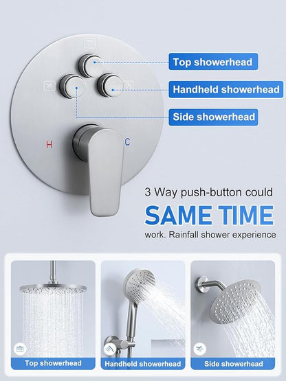 Woindo Shower Faucet Set 10" Rain Shower Head/8'' Side Shower Head and 3 Setting Handheld Ceiling Mount 3 Push Button Diverter Complete Rainfall Round Shower System Included Valve Trim Kit