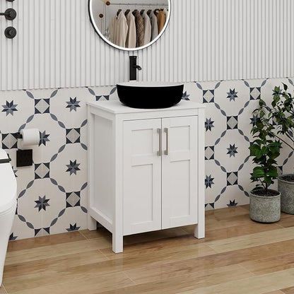 YOURLITE Bathroom Vanity with Sink, 24" White Bathroom Vanity Sink Combo with Black White Ceramic Basin Faucet & Pop Up Drain Set