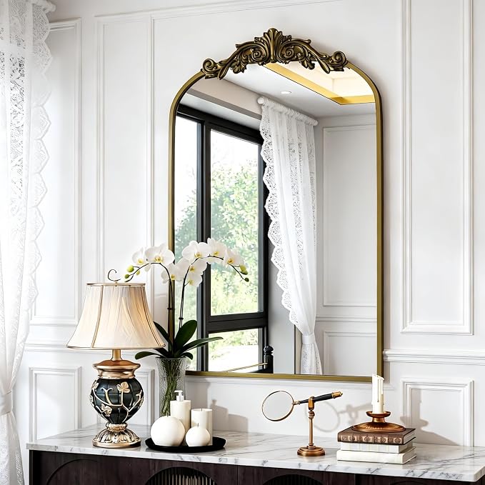 Dewfig Vintage Arched Wall Mirror, 36"x24" Antique Bronze Bathroom Mirror | Ornate Baroque Metal Frame Brass Mirror, Victorian Antique Bronze Mirrors for Living Room, Bathroom, Fireplace, Wall Decor