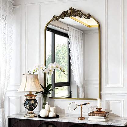 Dewfig Vintage Arched Wall Mirror, 36"x24" Antique Bronze Bathroom Mirror | Ornate Baroque Metal Frame Brass Mirror, Victorian Antique Bronze Mirrors for Living Room, Bathroom, Fireplace, Wall Decor