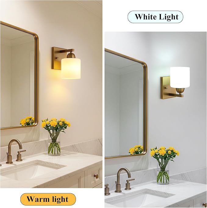 Mecgirn Brass Milk Glass Wall Sconces, 1 Pack Hardwired Indoor Wall Light Fixtures for Living Room, Hallway, Bedroom, Ceramic E26 Sockets (Bulbs Not Included)