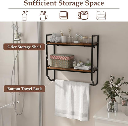 GOFLAME 2-Tier Industrial Bathroom Shelves with Towel Bar, Over the Toilet Shelf Wall Mounted with Metal Frame, Wall Storage Organizer Shelf for Bathroom, Living Room, Kitchen, Rustic Brown