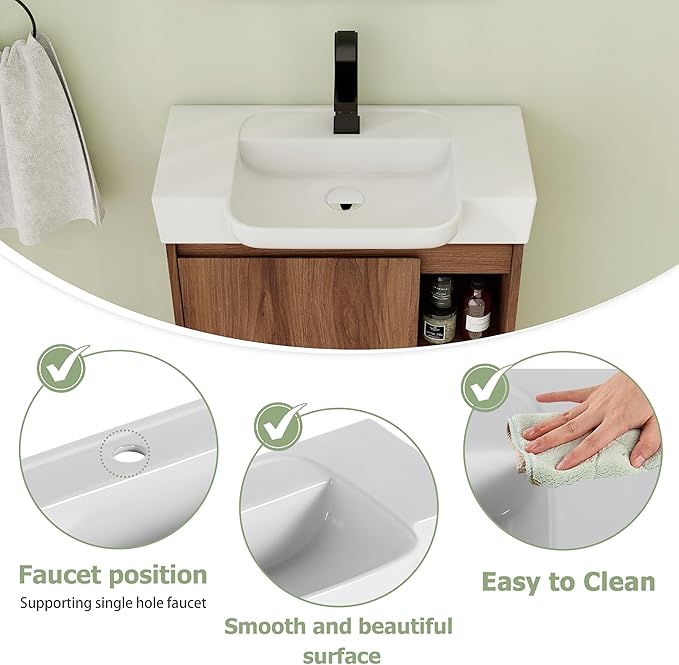 24 Inch Floating Vanity, 24" Bathroom Vanity with Sink, Single Sink Wall Mounted Vanity Combo, Modern Brown Bathroom Vanity Set with 1 Door