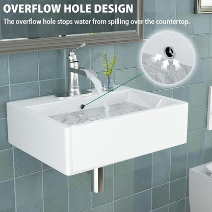 21"x16" White Ceramic Wall Mount Floating Bathroom Vessel Sink | Wall Mount Bathroom Sink Rectangle Vanity Vessel Bathroom Sink