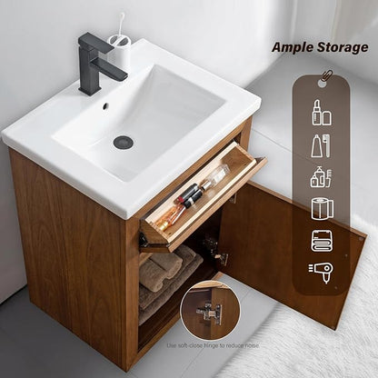 HOMEBEYOND 24" Bathroom Vanity with Single Sink & Ceramic Top, MDF Material Vanity Cabinet with Basin Combo, Soft-Closing Doors, Removable Shelf, Backsplash,Tan