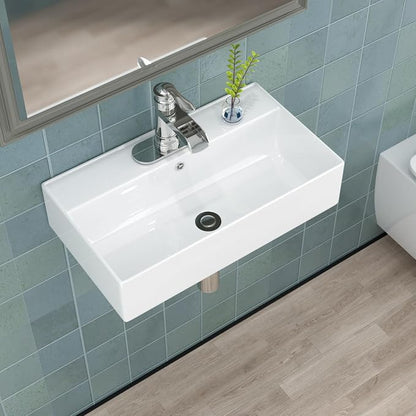 21"x12" White Ceramic Wall Mount Floating Bathroom Vessel Sink | Wall Mount Bathroom Sink Rectangle Vanity Vessel Bathroom Sink