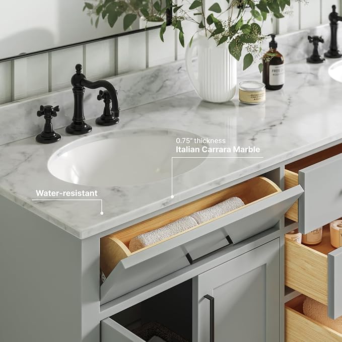 ARIEL Hepburn 72-inch Bathroom Vanity with Sink,Solid Wood, 0.75-inch Italian Carrara Marble Countertop & Backsplash, Double Oval Porcelain Sink, 4 Soft Closing Doors, 6 Dovetail Drawers, Grey