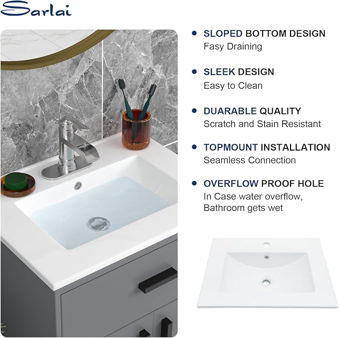 Sarlai 24 Inch Bathroom Vanity Sink Tops - White Drop In Bathroom Sink Ceramic Topmount Rectangular Vanity Top with Overflow