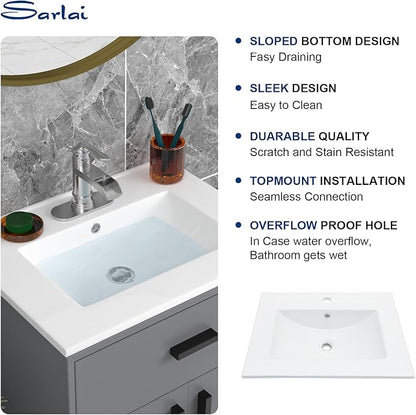 Sarlai 24 Inch Bathroom Vanity Sink Tops - White Drop In Bathroom Sink Ceramic Topmount Rectangular Vanity Top with Overflow