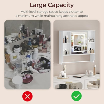 Bathroom Wall Cabinet with Mirror, Wall Mounted Medicine Cabinet with Color Adjustment LED Lights, Mirrored Over The Toilet Storage Cabinet with Adjustable Shelves, 23.6''W x 21.6''H, White