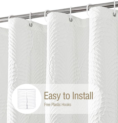 Gibelle White Shower Curtain for Bathroom, 3D Embossed Textured Fabric Curtain, Modern Farmhouse Chic Soft Cloth Set with Hooks, 72x72