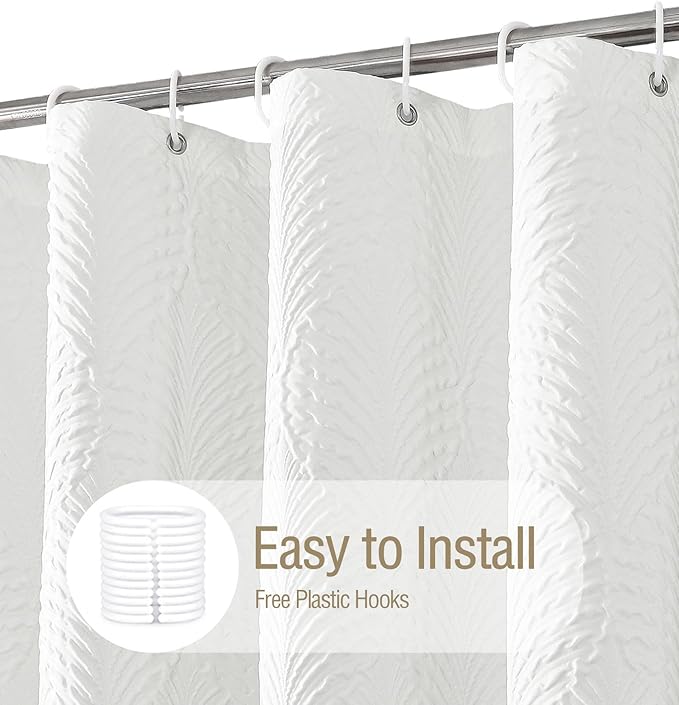 Gibelle Extra Long Shower Curtain 72 x 84, Tall 3D Embossed Textured White Fabric Shower Curtain, Modern Farmhouse Chic Soft Cloth Bathroom Curtains Shower Set with Hooks