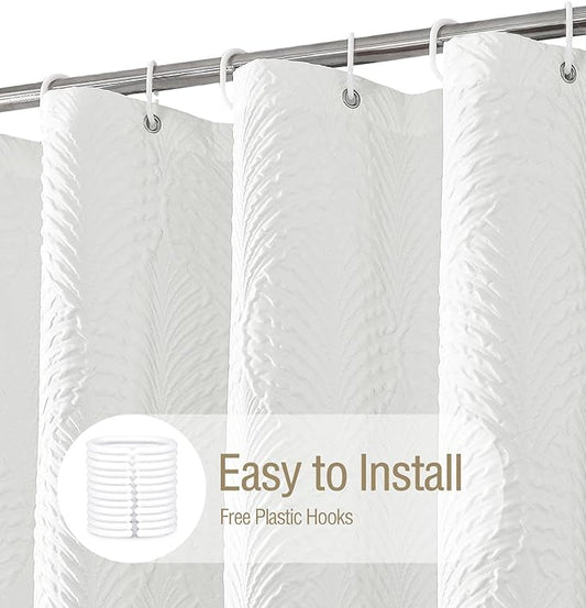 Gibelle Extra Long Shower Curtain 72 x 84, Tall 3D Embossed Textured White Fabric Shower Curtain, Modern Farmhouse Chic Soft Cloth Bathroom Curtains Shower Set with Hooks