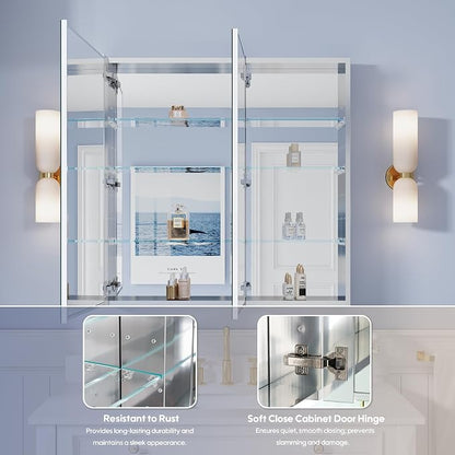 36" x 36" Bathroom Medicine Cabinet with Mirror, Anodized Chrome Aluminum Frame, Surface Mount or Recessed Medicine Cabinet with Mirror, Bathroom Mirror with Storage, Double Doors