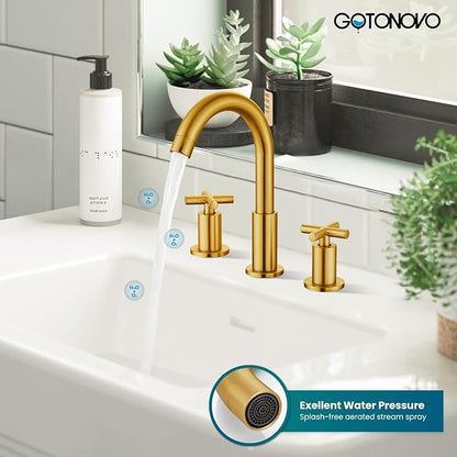 gotonovo 3 Hole Bathroom Faucet 8 inch Widespread Sink Vanity Faucet for Bathroom Sink 2 Cross Handle Deck Mount Basin with Pop Up Drain 360° Swivel Spout Dark Gold