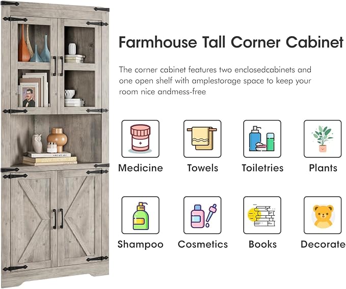 GAOMON Farmhouse Corner Cabinet, Tall Corner Storage Cabinet with Glass Door & Adjustable Shelves, Bathroom Cabinet with Storage for Living Room, Kitchen, Bathroom, Washed Grey
