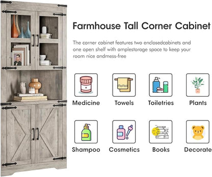 GAOMON Farmhouse Corner Cabinet, Tall Corner Storage Cabinet with Glass Door & Adjustable Shelves, Bathroom Cabinet with Storage for Living Room, Kitchen, Bathroom, Washed Grey