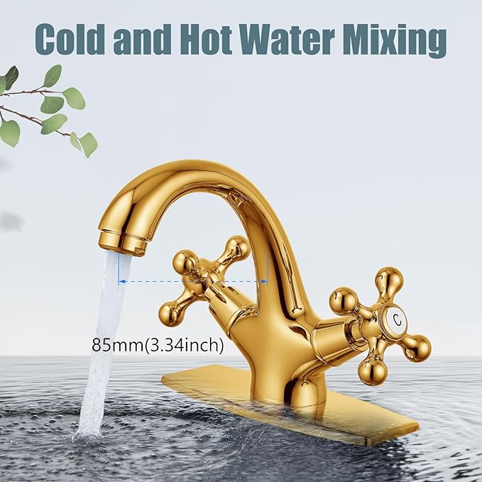 Aolemi Bathroom Sink Faucet Single Hole Cold and Hot Double Handle Cross Knobs Vanity Vessel Sink Basin Mixer Tap with Deck Cover Plate with Pop Up Drain Polish Gold