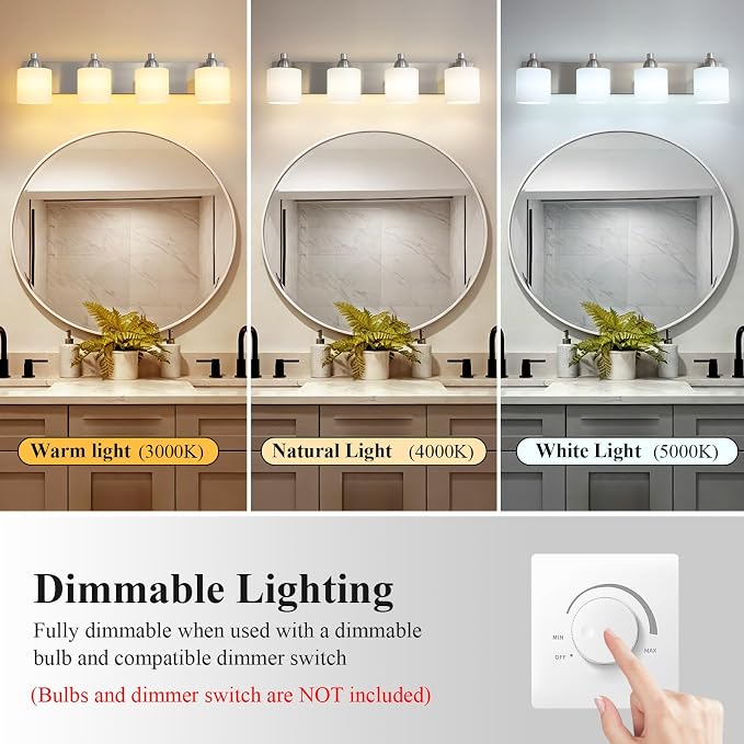 Mecgirn Stainless Steel Milk Glass Bathroom Vanity Light Over Mirror, 4 Light Brushed Nickel Bathroom Light Fixtures with Frosted Glass, Modern Vanity Lighting Wall Mount