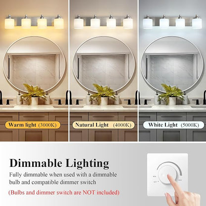 Mecgirn Stainless Steel Milk Glass Bathroom Vanity Light Over Mirror, 4 Light Brushed Nickel Bathroom Light Fixtures with Frosted Glass, Modern Vanity Lighting Wall Mount