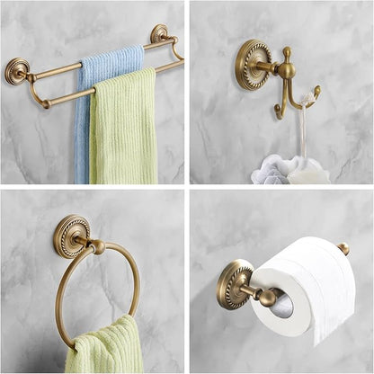 4 Piece Antique Brass Gold Bathroom Accessories Set - 24” Towel Holder, Antique Bar Brass Bath Accessories - Wall Mounted Bathroom Hardware Accessory Set