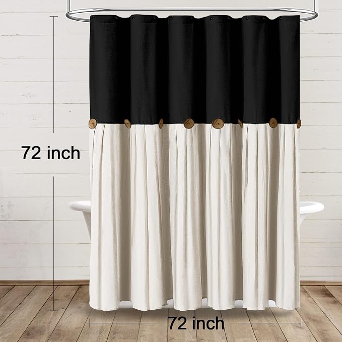 Farmhouse Shower Curtain Linen Button Black-Cream 72" W x 72" L | Farmhouse Style, Chic Button, Striped, Linen Fabric, Rustic, Country, Natural Look, Washable, for Bathroom Bathtub