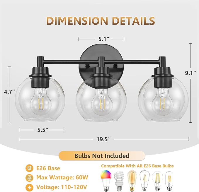 Bathroom Light Fixtures, Vanity Lights for Bathroom 3-Light Black, Bathroom Lighting Fixtures Over Mirror with Clear Glass Globe Shade, Bathroom Vanity Light for Living Room Kitchen Bedroom Hallway