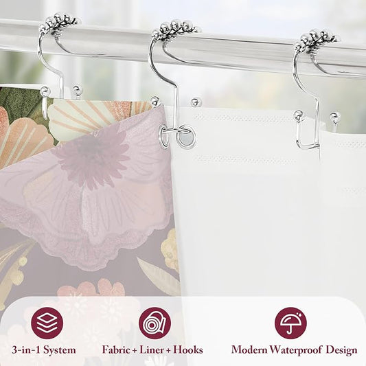 3 in 1 Boho Purple Shower Curtain Set with PEVA Liner & 12 Hooks, 72 x 72 | Boho Tropical Botanical Style, Farmhouse Floral Fabric, Modern Hotel Inspired, Water‑Repellent, Machine Washable