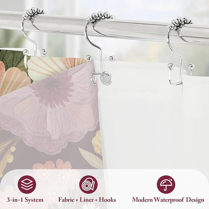 3 in 1 Boho Purple Shower Curtain Set with PEVA Liner & 12 Hooks, 72 x 78 | Boho Tropical Botanical Style, Farmhouse Floral Fabric, Modern Hotel Inspired, Water‑Repellent, Machine Washable