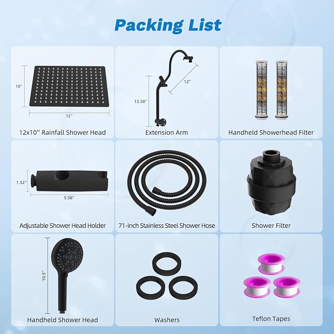Hibbent 12" Dual Filtered 10" Rainfall Shower Head with Handheld 10-Spray | High Pressure Metal Matte Black Showerhead Combo with Filter, Extension Arm with 4-way Diverter, 71'' Shower Hose & Holder