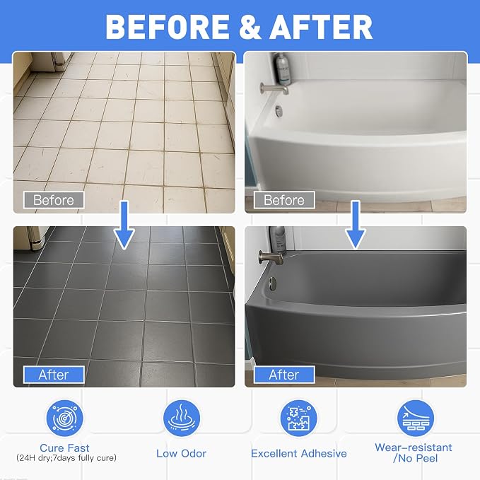 DWIL Tile Paint, Tub and Tile Refinishing Kit with Tools, Water Based & Low Odor Bathtub Paint, Easy to Use for Bathroom Kitchen, Semi-Gloss Dark Grey, 25-30sq.ft