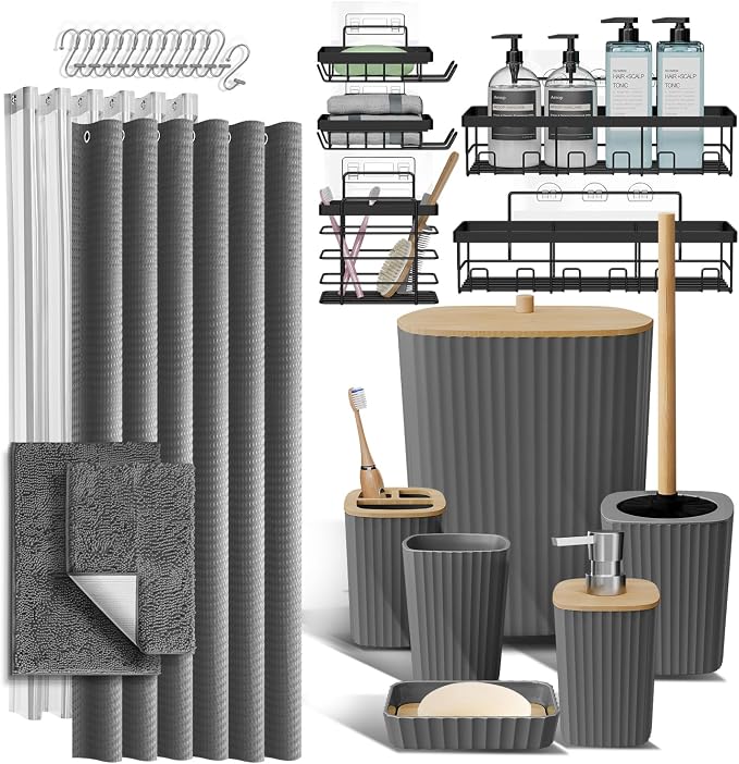 Clara Clark Bathroom Accessories Set - 27PC Bathroom Set with Adhesive Corner Shower Caddy Hanging, Bathroom Sets with Shower Curtain and Rugs, Grey Shower Curtain Set with Bathroom Trash Can | 27 Piece Grey Bathroom Sets with Shower Curtain and Rugs w...