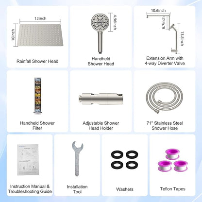 12" Metal Rain Shower Head with Handheld, 10-Mode with Filter, Easy Reach | Brushed Nickel, High-Pressure Rainfall Showerhead, 4-Way Diverter Pause Mode, Adjustable 16" Extension Arm/71" Hose/Holder