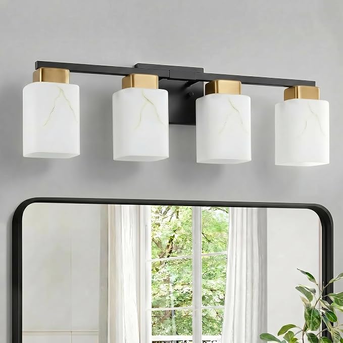 4-Light Square Bathroom Light Fixture, Black and Gold Modern Vanity Light with White Marble Glass Shade, for Bathroom Mirror, Living Room, Bedroom, Hallway, E26 Base