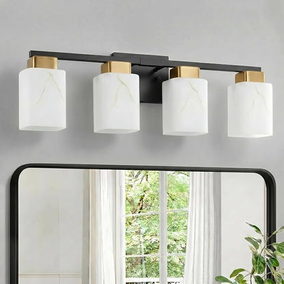 4-Light Square Bathroom Light Fixture, Black and Gold Modern Vanity Light with White Marble Glass Shade, for Bathroom Mirror, Living Room, Bedroom, Hallway, E26 Base