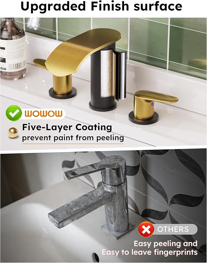 WOWOW Waterfall Bathroom Faucet 3 Holes 8Inch Widespread Bathroom Sink Faucet, Two Handles Lavatory Vanity Sink Faucets with Pop-up Drain & Supply Hoses, Modern Faucet Mixer Taps Black and Gold