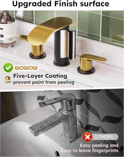 WOWOW Waterfall Bathroom Faucet 3 Holes 8Inch Widespread Bathroom Sink Faucet, Two Handles Lavatory Vanity Sink Faucets with Pop-up Drain & Supply Hoses, Modern Faucet Mixer Taps Black and Gold
