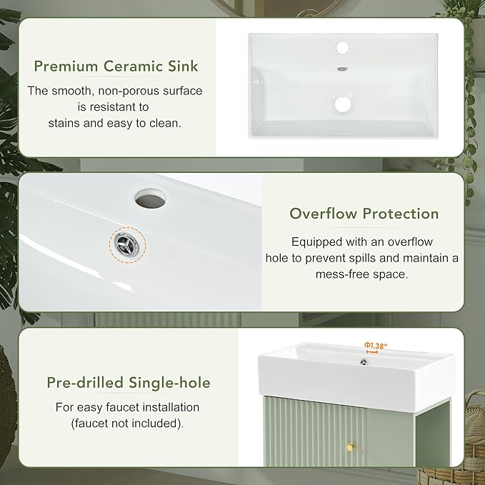 BNSPLY 22 Inch Floating Bathroom Vanity with Sink, Wall Mounted Bathroom Vanity Cabinet with Ceramic Sink, Modern Single Basin Vanities, Small Restroom Basin Cabinet with Right Side Storage, Green