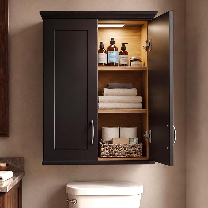 VANIRROR Bathroom Wall Mounted Cabinet with Motion Sensor Light | 23.6 x 28 x 8.3 in Black Over Toilet Medicine Cabinet, 2-Door Wood Storage Cabinet with Adjustable Shelves, Soft Close Hinges